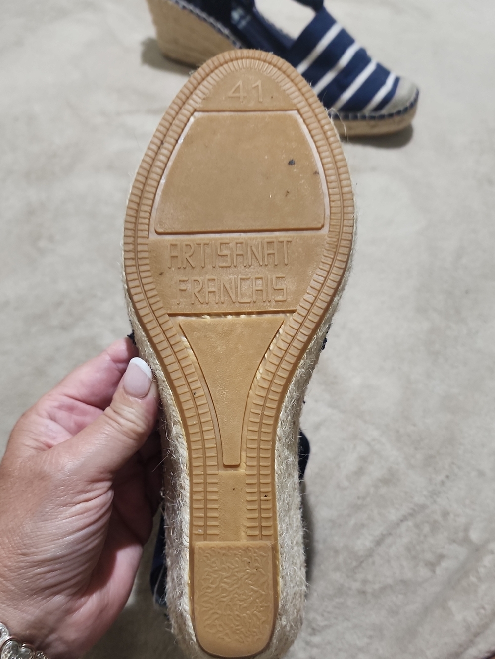 New Condition Navy Striped Espadrille Wedge Sandals with Ankle Tie - Picture 2 of 7